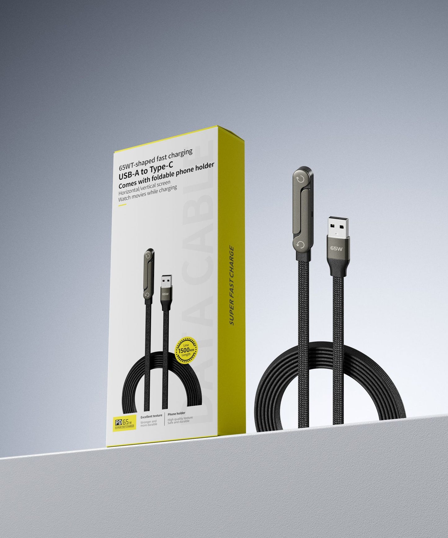 Cable de datos con soporte plegable de carga rápida 2 en 1 Cable de datos Soporte plegable para teléfono/tableta Tipo C a Tipo C USB-A a Tipo C