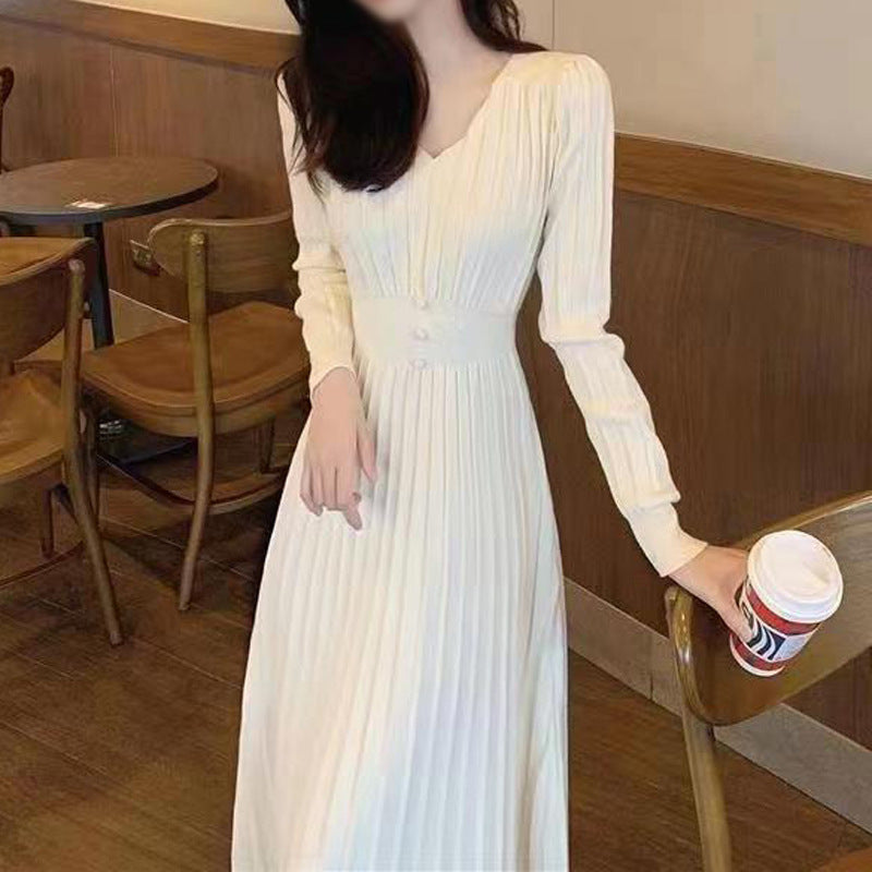 Vestido de mujer de manga larga con cuello de pico y cintura alta