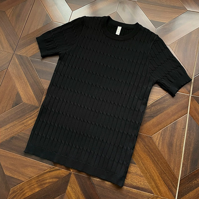 Thin Hollow-out Short-sleeve Knitted Shirt Mens Crew-neck T-shirt
