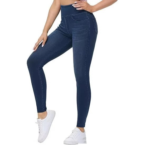 Pantalones de mezclilla sintética de talle alto con dos bolsillos