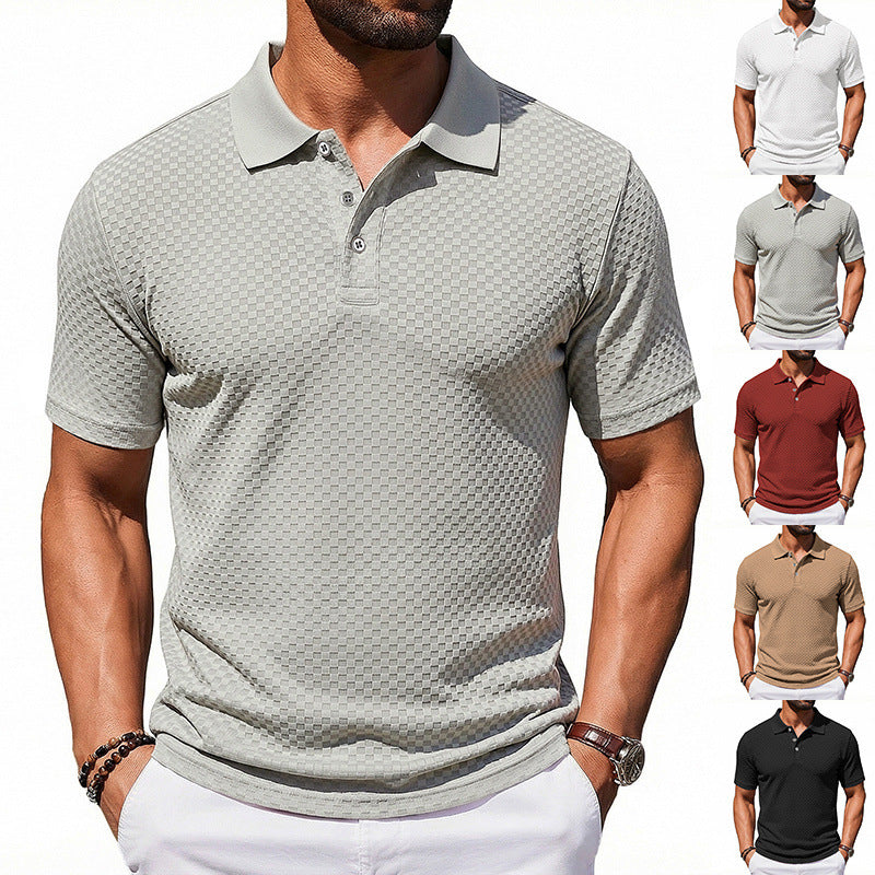 Mens Plaid Polo Shirt Breathable Casual Collared T-Shirt