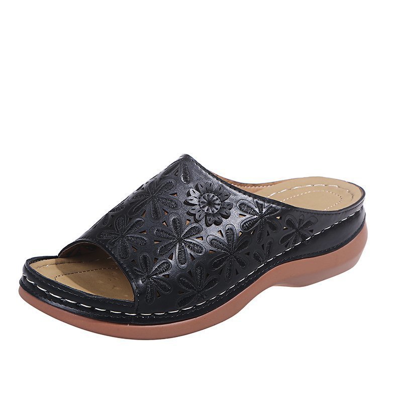 Sandalias de cuña huecas con boca de pez y flores, sandalias y zapatillas para mujer