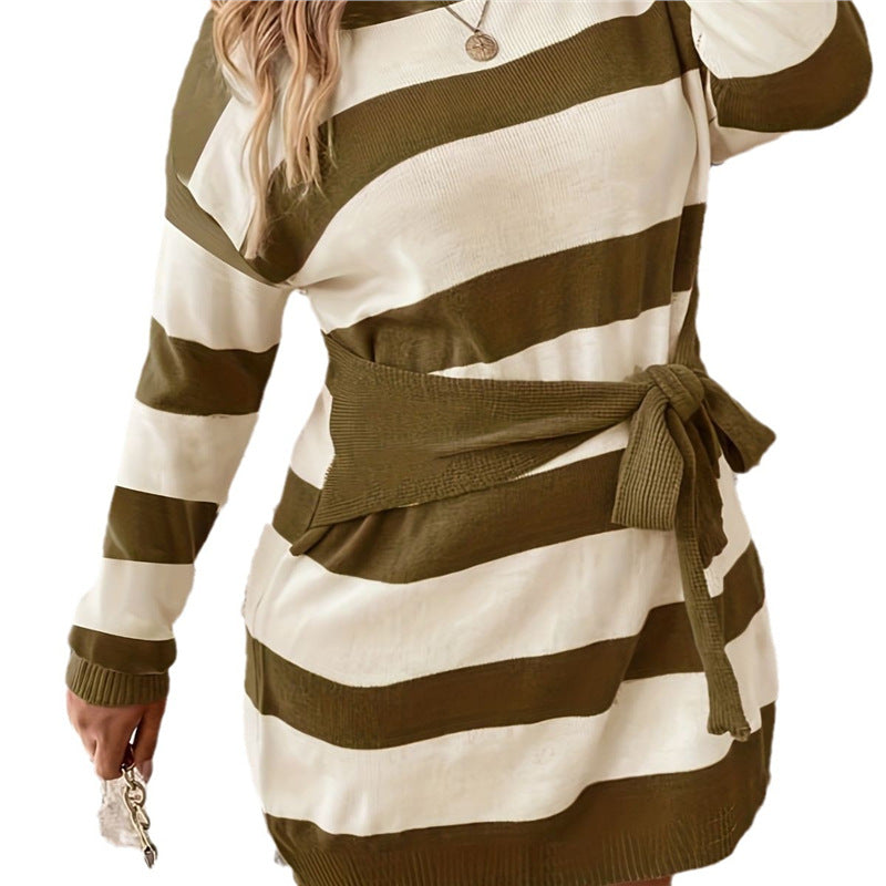 Vestido de punto informal a rayas de tallas grandes estilo europeo y americano