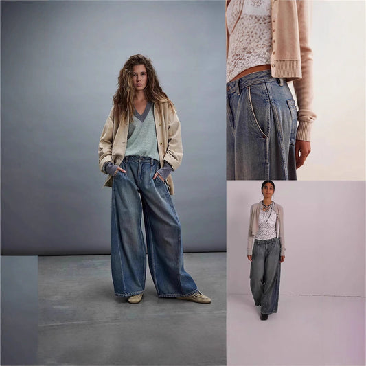 Womens Fashionable Retro Wide-Leg Denim Jeans