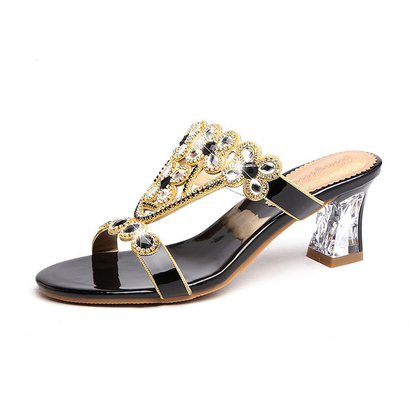 Sandalias de tacón alto con pedrería y tacón de bloque, con flores y diamantes
