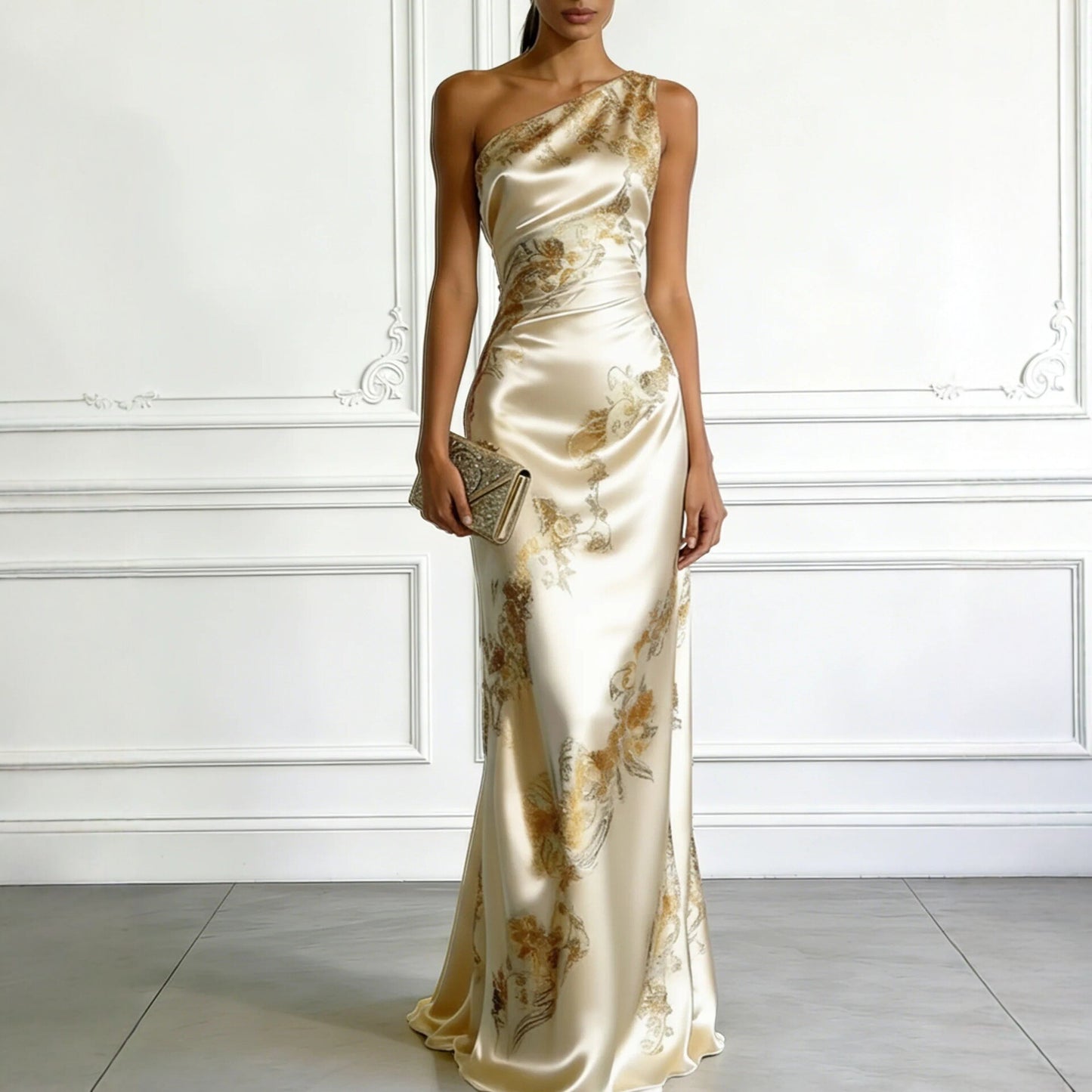 Vestido largo dorado estampado sin hombros de corte ajustado
