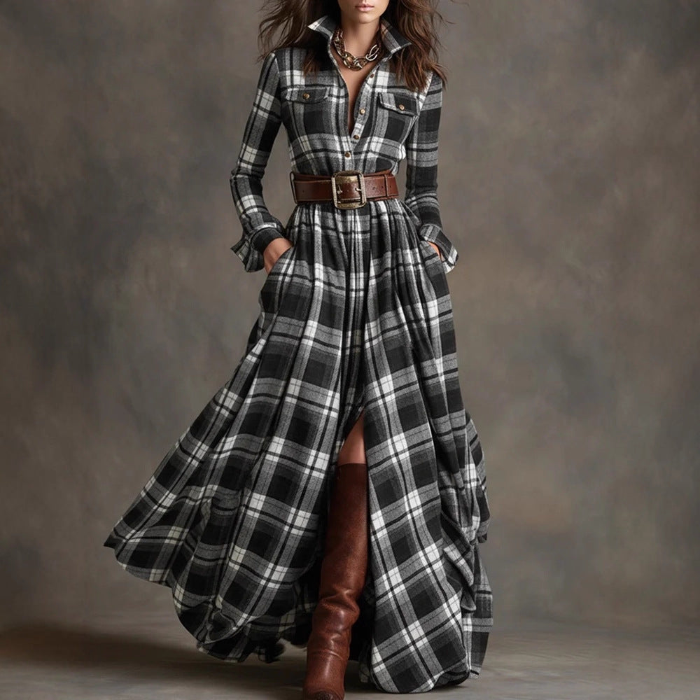 Vestido largo de manga larga con estampado a cuadros Ins, bolsillos de moda, cuello, botones, camisa, vestidos largos, ropa retro para mujer