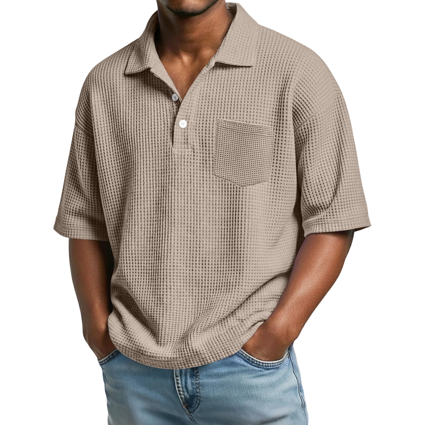 Polo de hombre de manga corta con solapa, tejido waffle y color liso