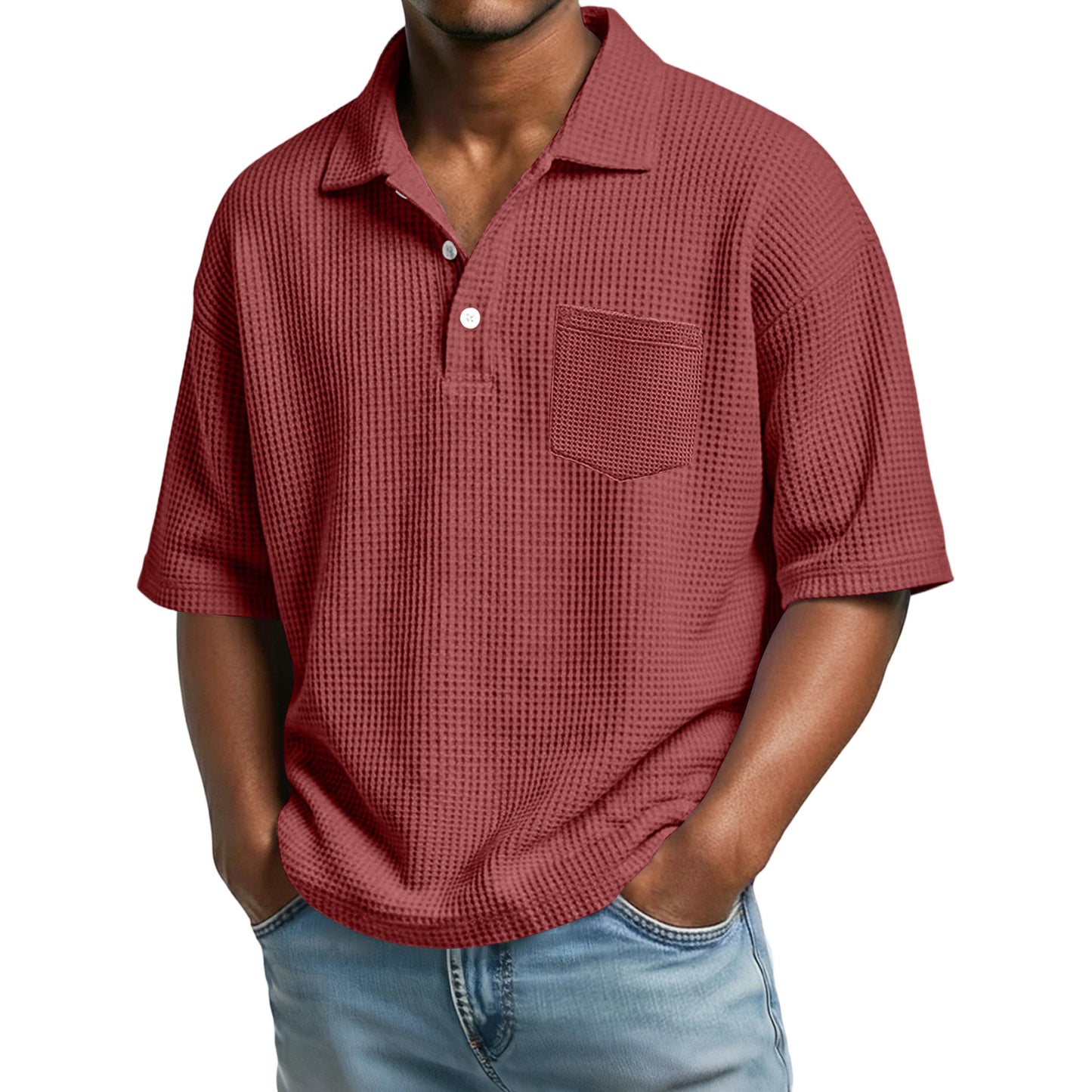 Polo de hombre de manga corta con solapa, tejido waffle y color liso