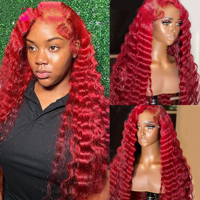 Peluca de cabello humano ondulado profundo rojo para cabeza real
