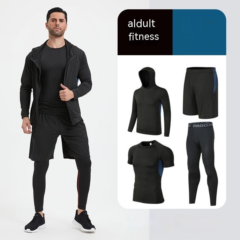 Traje de fitness para hombre, para correr por la mañana, por la noche, deportivo, de secado rápido, de cinco piezas, mallas, baloncesto, ropa de entrenamiento al por mayor