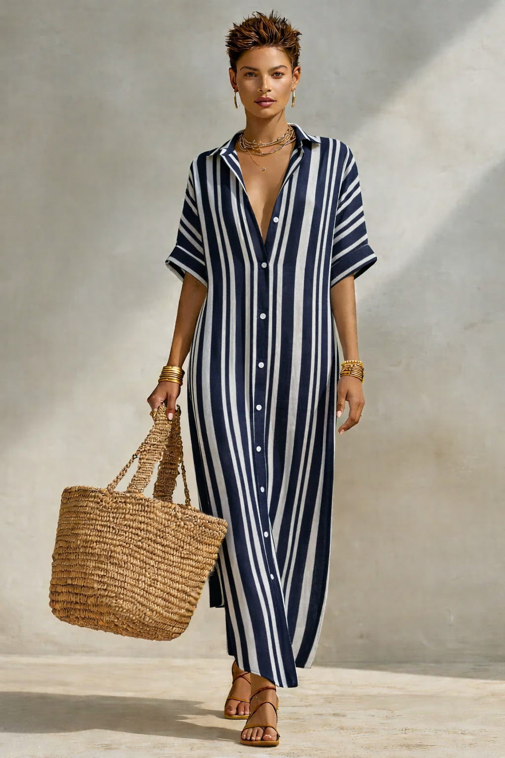 Women's Fashion Loose Casual Striped Shirt Dress