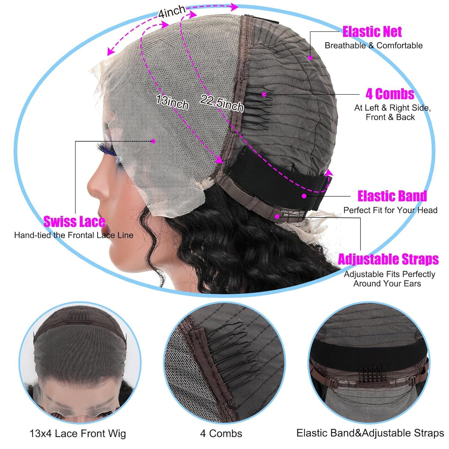 Peluca de cabello humano con encaje frontal ondulado profundo