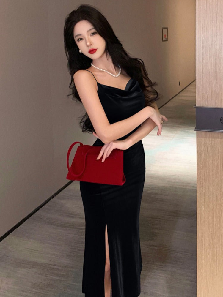 Vestido largo ajustado de sirena para mujer de terciopelo dorado con tirantes