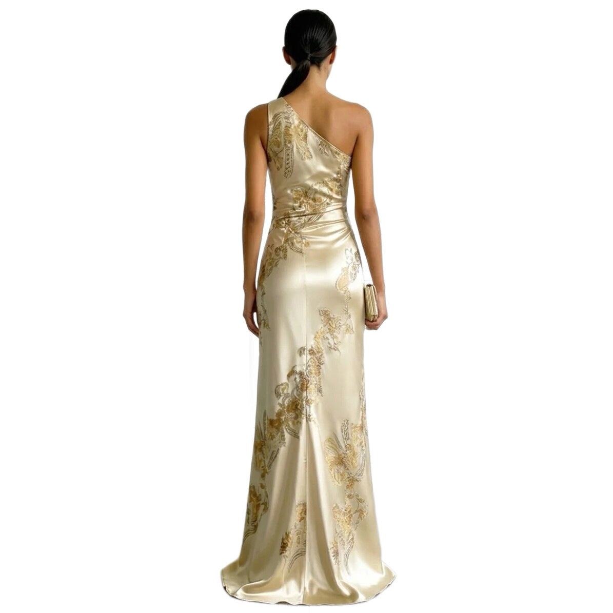 Vestido largo dorado estampado sin hombros de corte ajustado