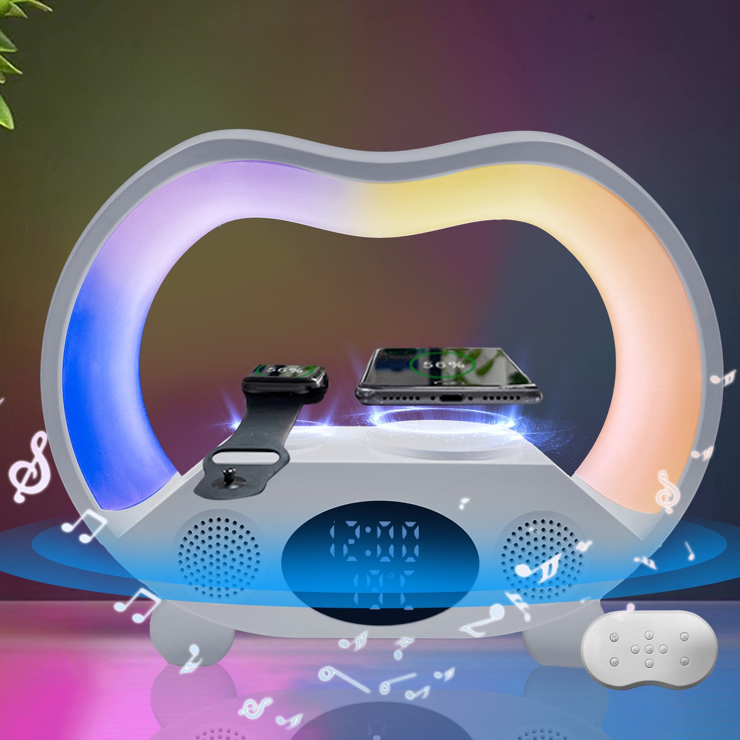 Nueva Lámpara de Mesa LED Inteligente con Ambiente de 6 Funciones en 1, Control Remoto Inteligente Compatible con Bluetooth, Cargador Inalámbrico Multifunción, Luz Nocturna y Altavoz Compatible con Bluetooth