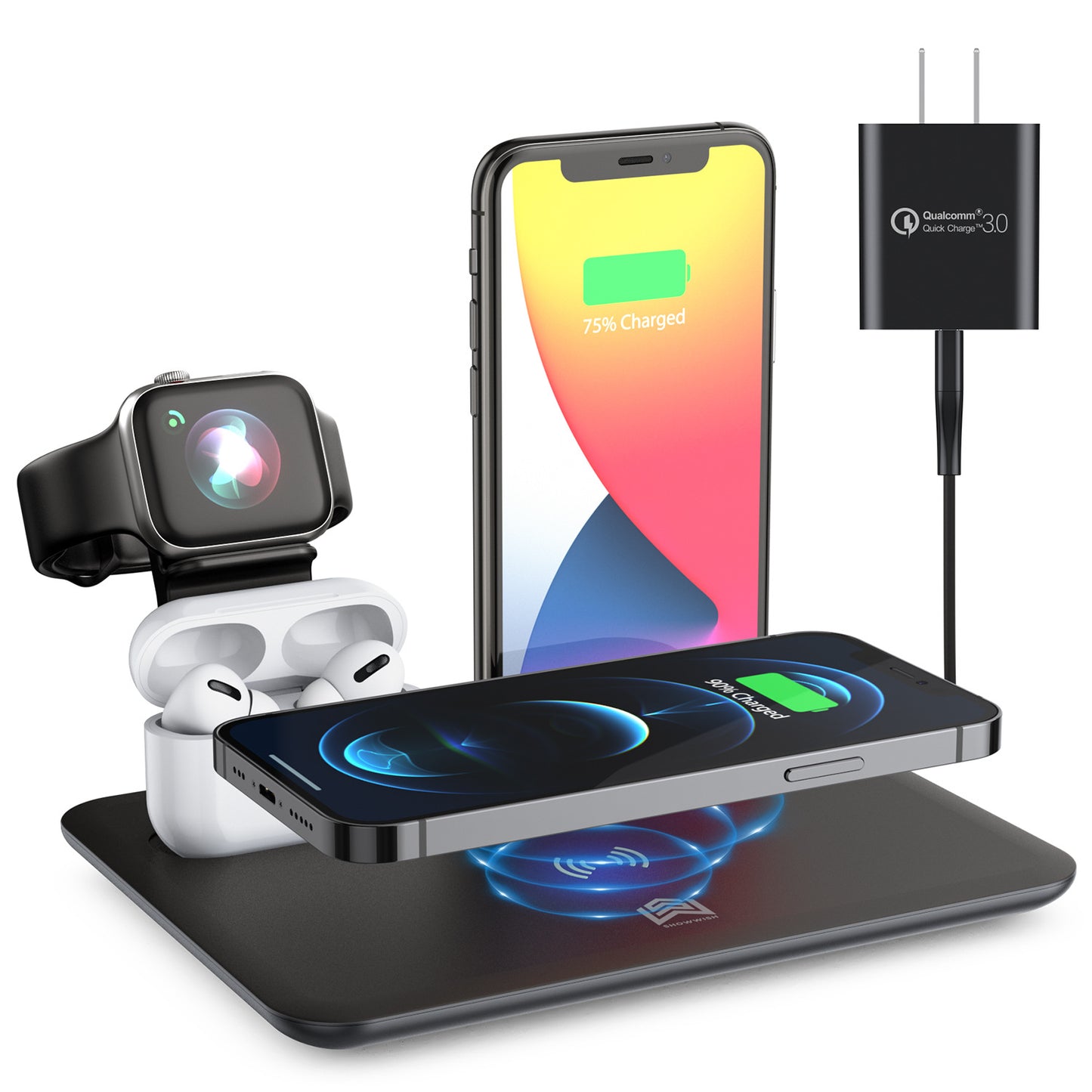 Soporte de escritorio para auriculares de reloj con cargador inalámbrico para teléfono