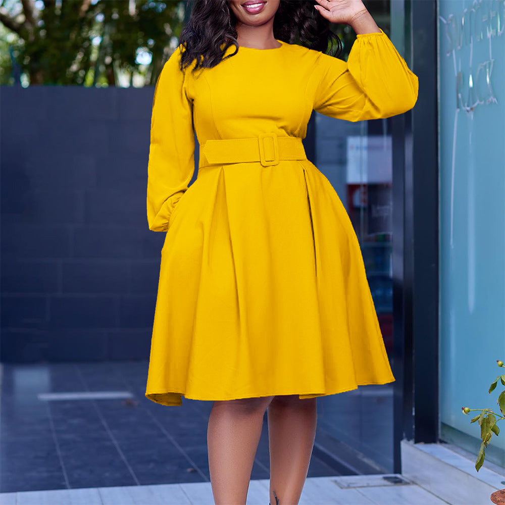 With Belt Long Sleeve Elegant Graceful Round Neck Large Swing Dress