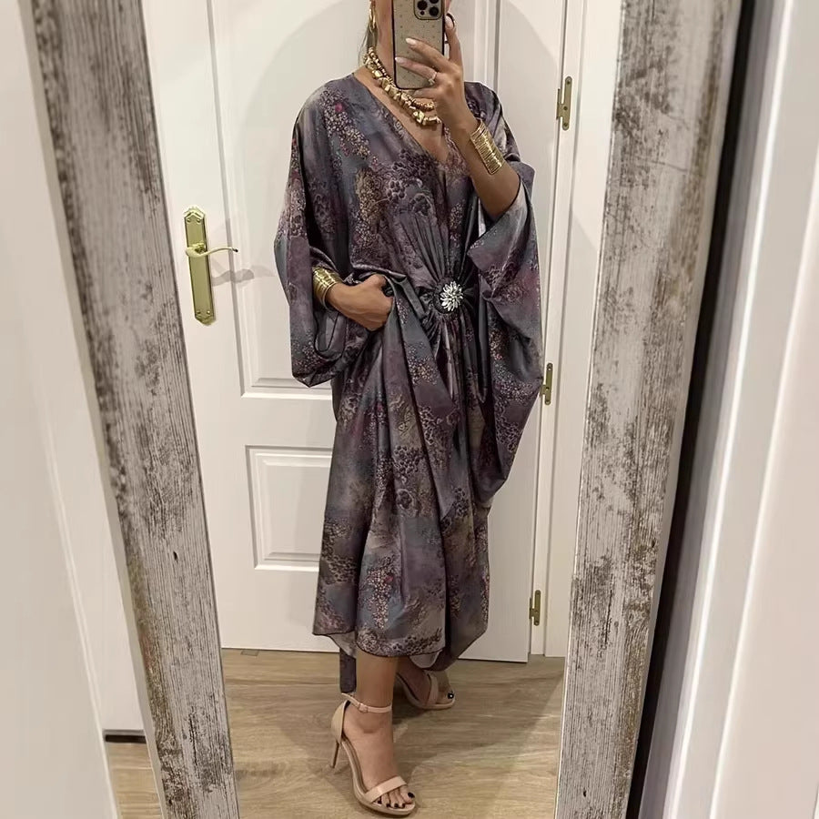 Women's Fashionable Printed Batwing Sleeve Midi Dress