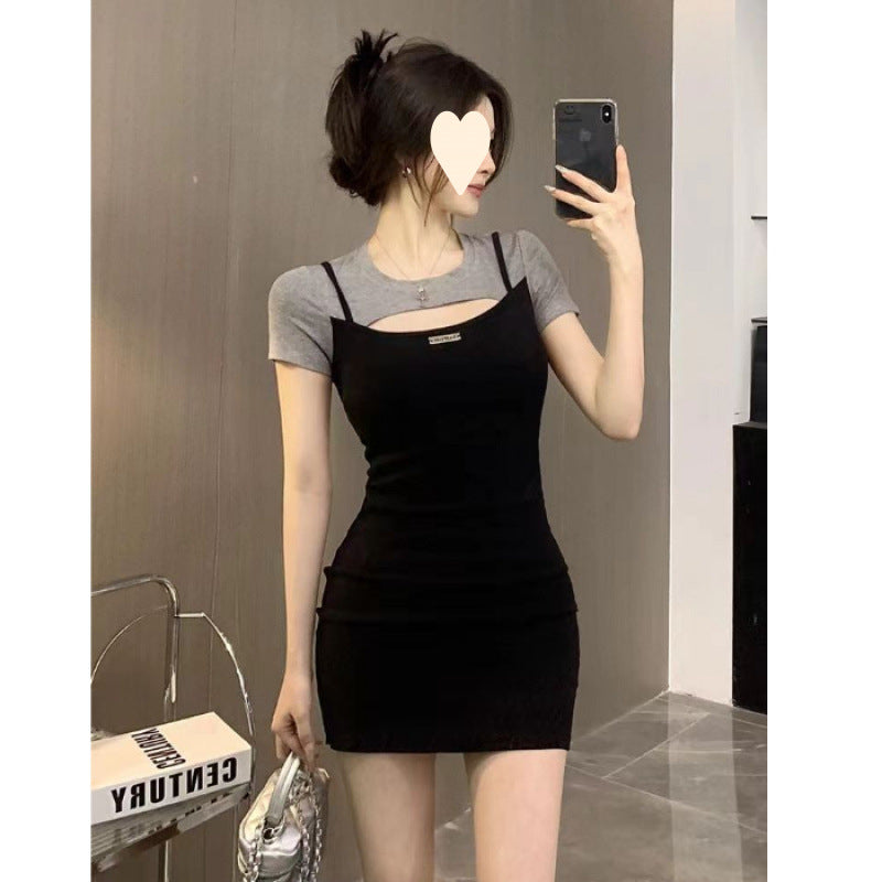Vestido entallado de dos piezas con falda A de cintura alta y efecto doble