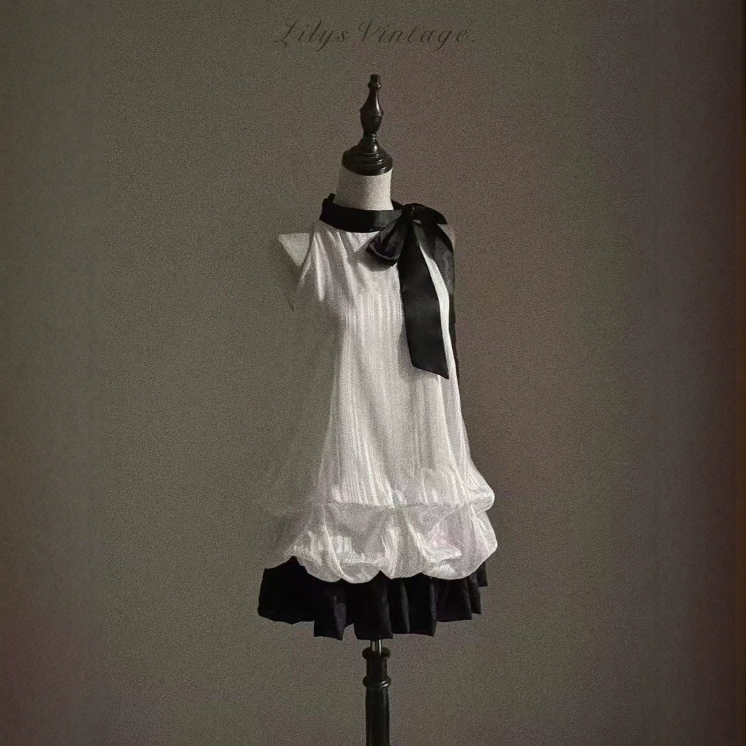 Halterneck Flower Bud Bow Patchwork Dress