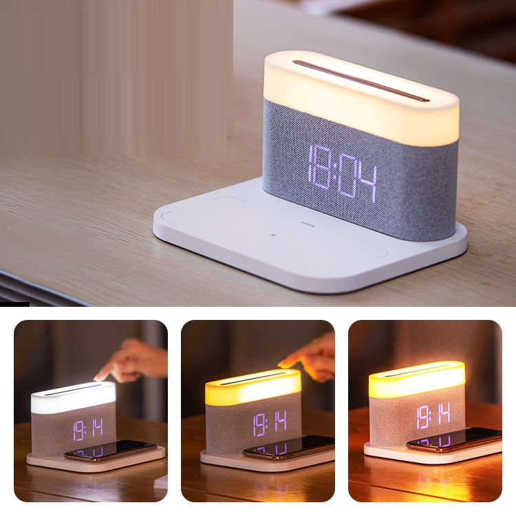Lámpara de mesa para dormitorio, escritorio, mesita de noche, reloj, cargador inalámbrico de teléfono, cuatro en uno