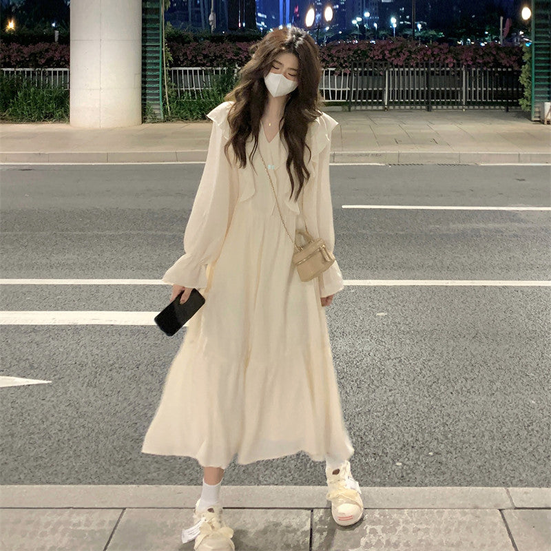 Nuevo vestido dulce de manga abullonada, vestido francés ajustado delicado