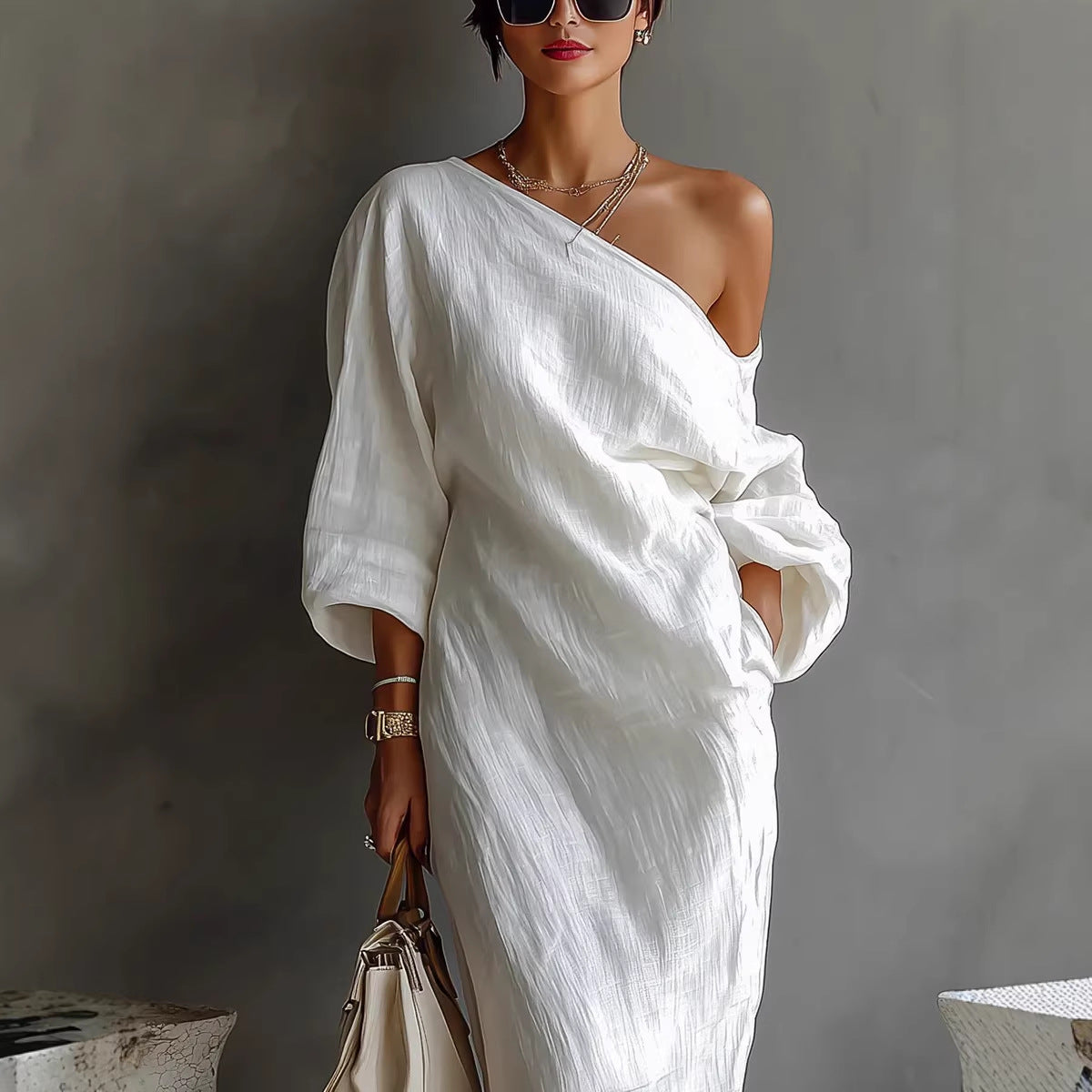 Vestido largo irregular con hombros descubiertos, moda elegante, vestidos de manga larga, ropa de vacaciones en la playa para mujer