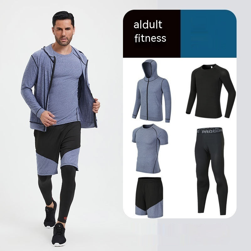 Traje de fitness para hombre, para correr por la mañana, por la noche, deportivo, de secado rápido, de cinco piezas, mallas, baloncesto, ropa de entrenamiento al por mayor