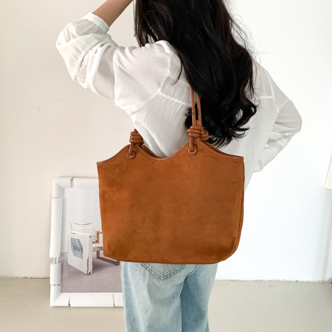 Bolso de hombro y tote de terciopelo de gamuza de color liso estilo retro occidental para mujer