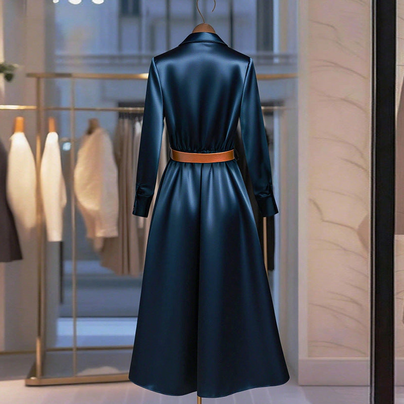 Vestido de manga larga con temperamento, falda A-line de color liso para otoño