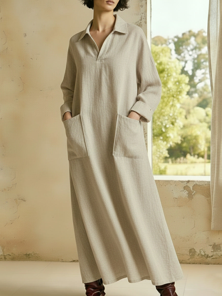 Vestido de manga larga informal con cuello alto, holgado y con bolsillos