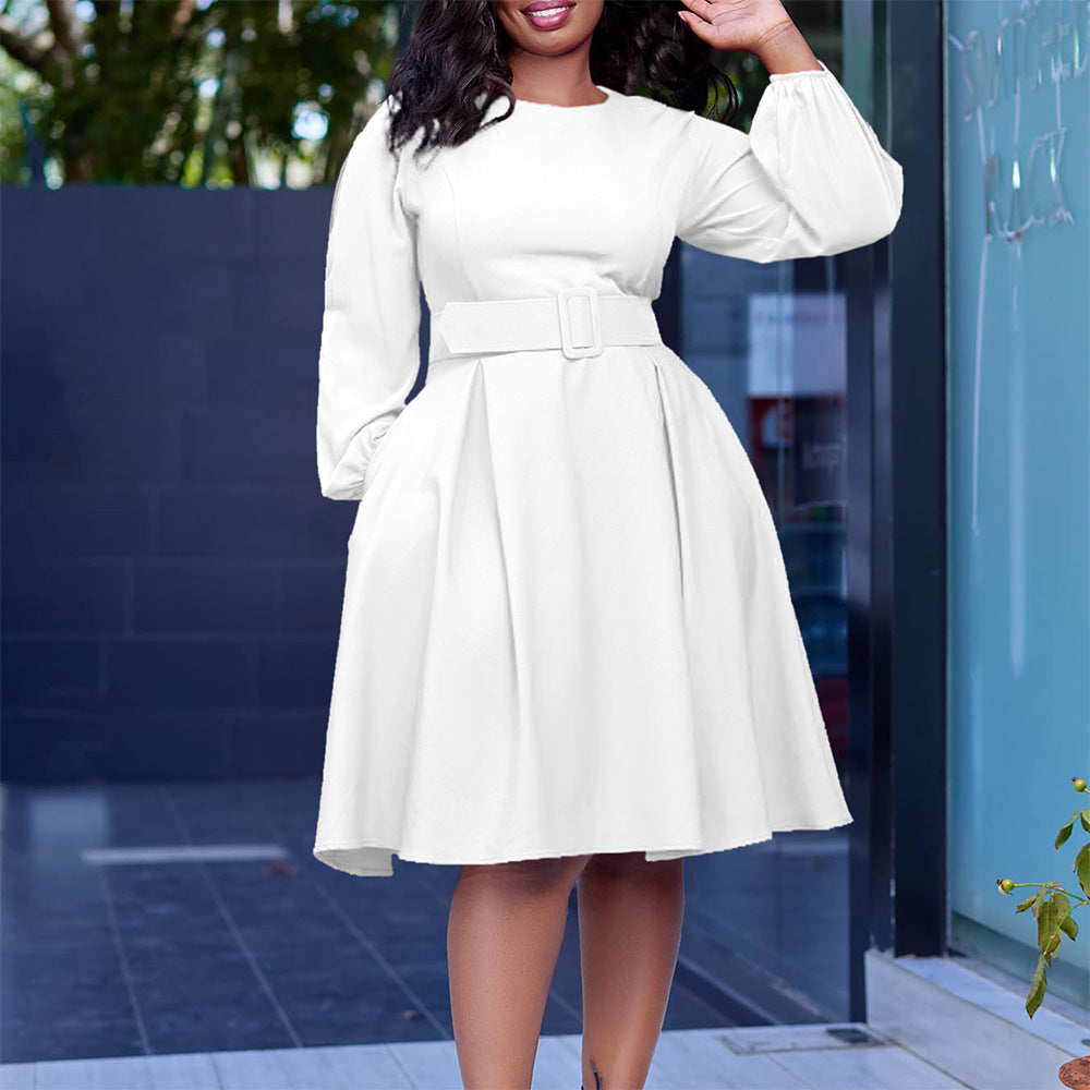 With Belt Long Sleeve Elegant Graceful Round Neck Large Swing Dress