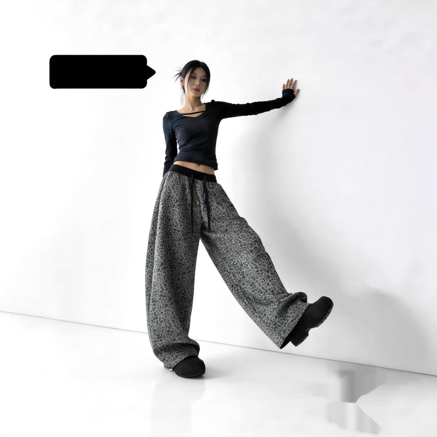 Womens Fashionable All-Match Leopard-Print High-Waist Wide-Leg Pants