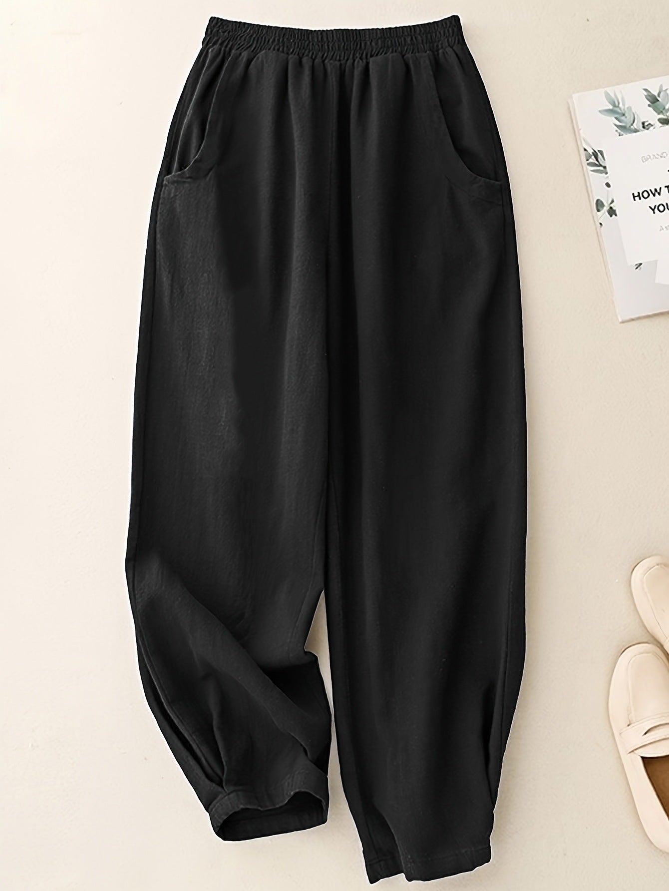 Navy Blue Cotton-Linen Ankle-Cinched Bloomer Pants For Women