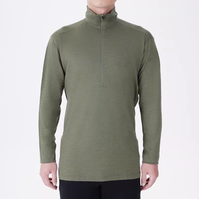 Gray Shell Quick-Dry Half-Zip Mens Outdoor Wool Long-Sleeve