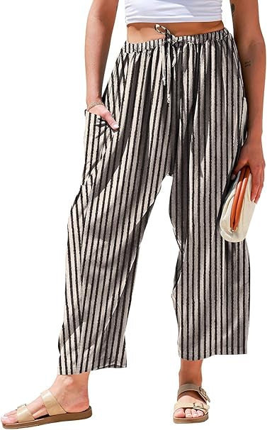Striped Straight-leg Pants Elastic Waist Cropped Pleated Pants