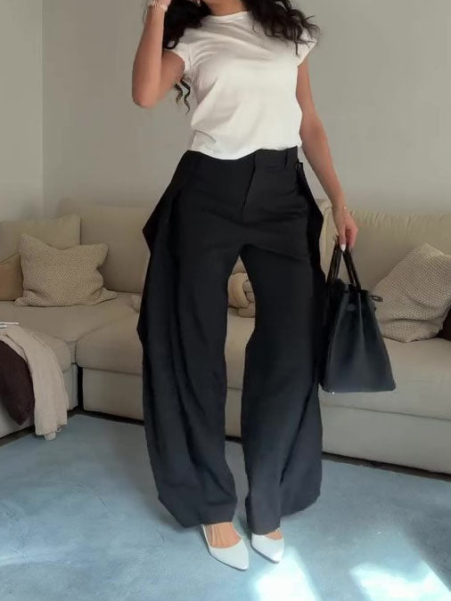 Pantalones de traje de pierna ancha con drapeado y cintura alta