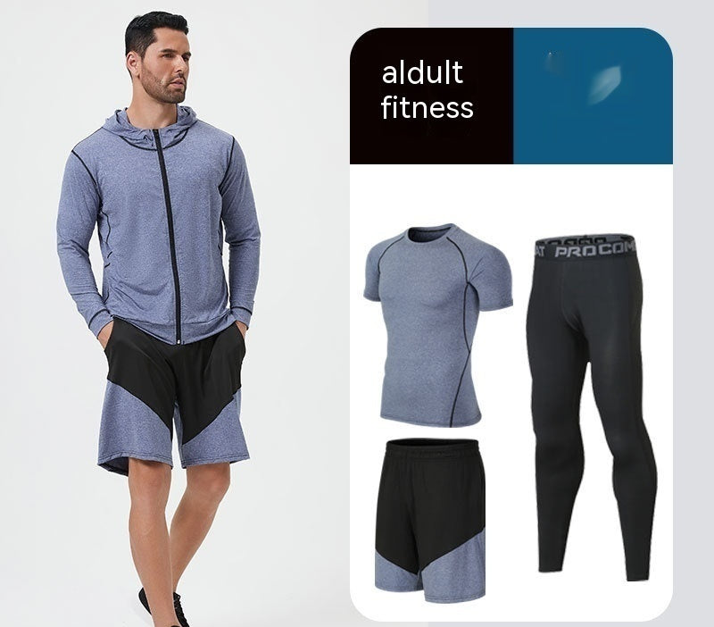 Traje de fitness para hombre, para correr por la mañana, por la noche, deportivo, de secado rápido, de cinco piezas, mallas, baloncesto, ropa de entrenamiento al por mayor