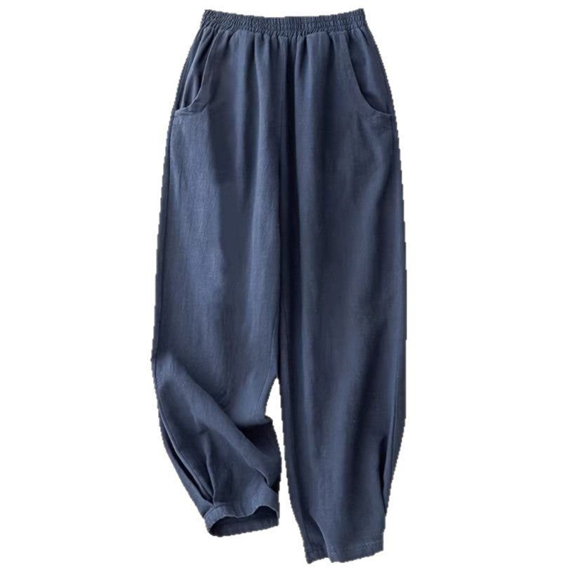 Navy Blue Cotton-Linen Ankle-Cinched Bloomer Pants For Women