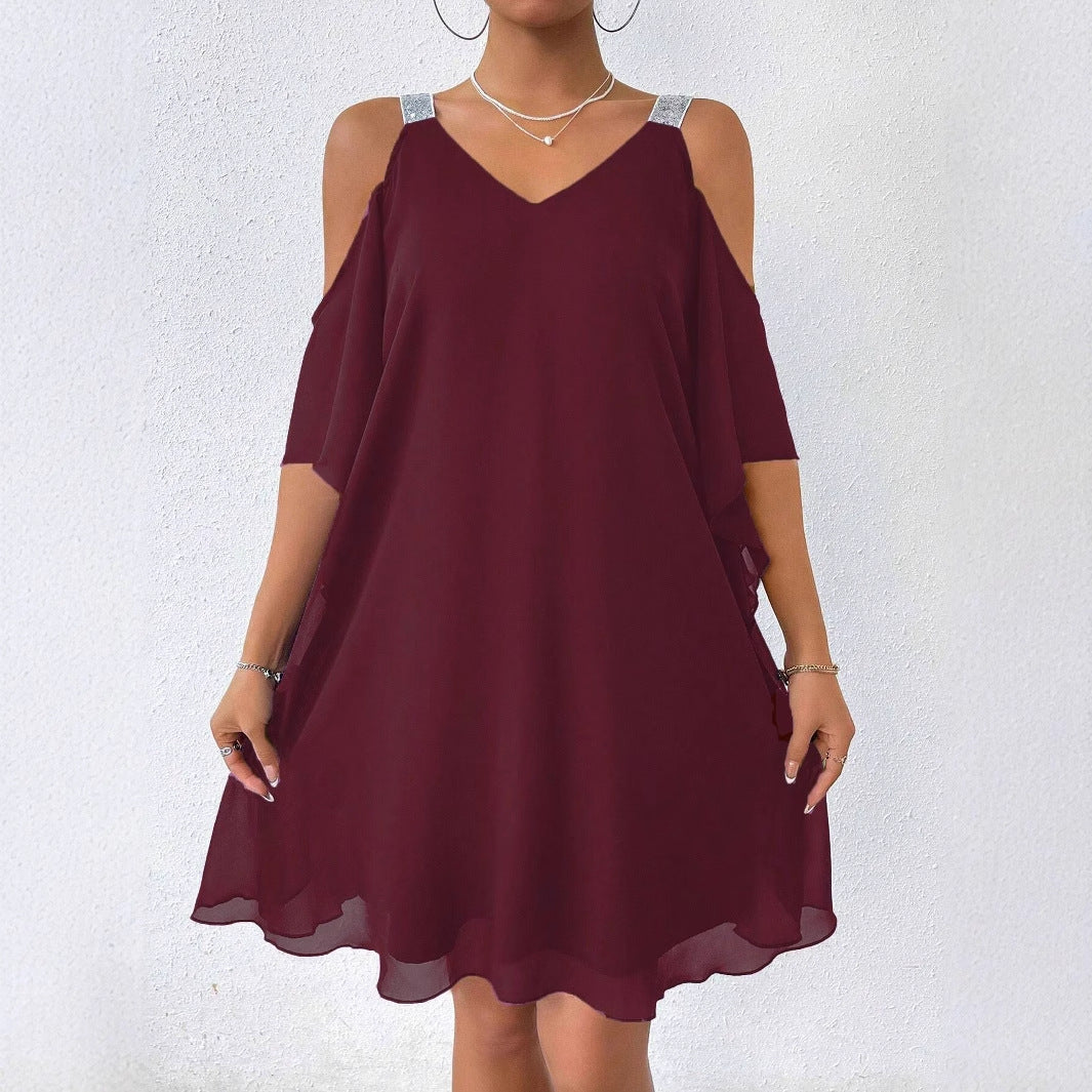 Solid-color V-neck Elegant European And American-style Dress