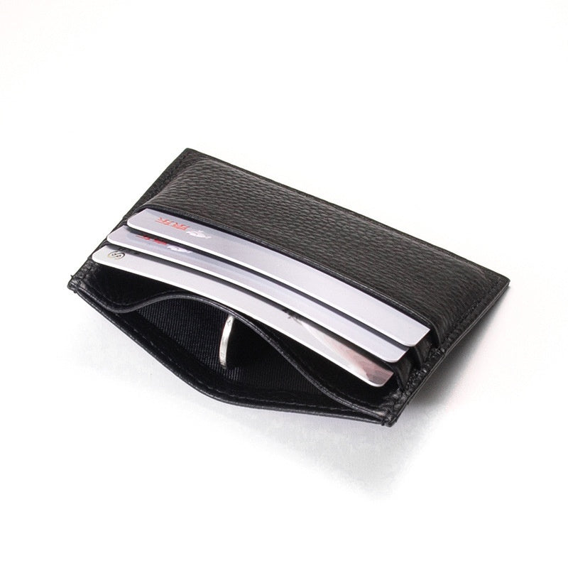 Tarjetero pequeño de piel auténtica sencillo, de piel de vacuno de capa superior para hombre y mujer