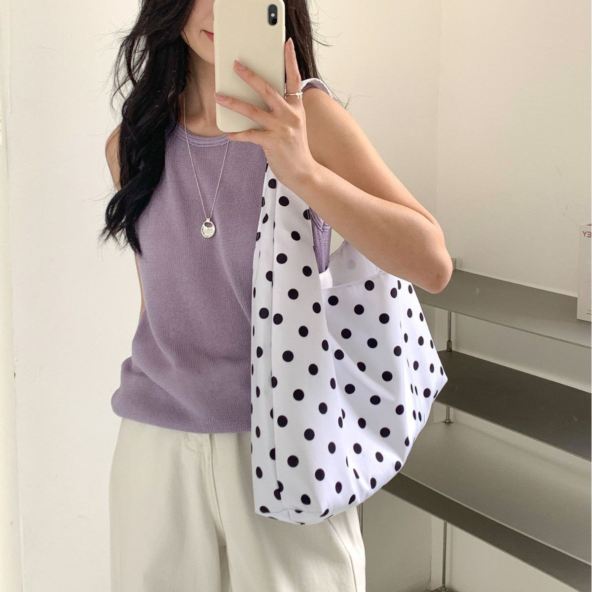 Bolso de hombro redondo de lunares estilo japonés para mujer