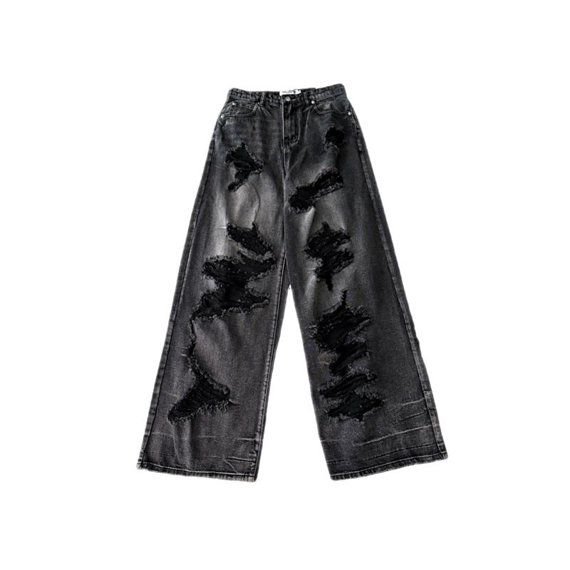 Dark black denim ripped wide leg jeans