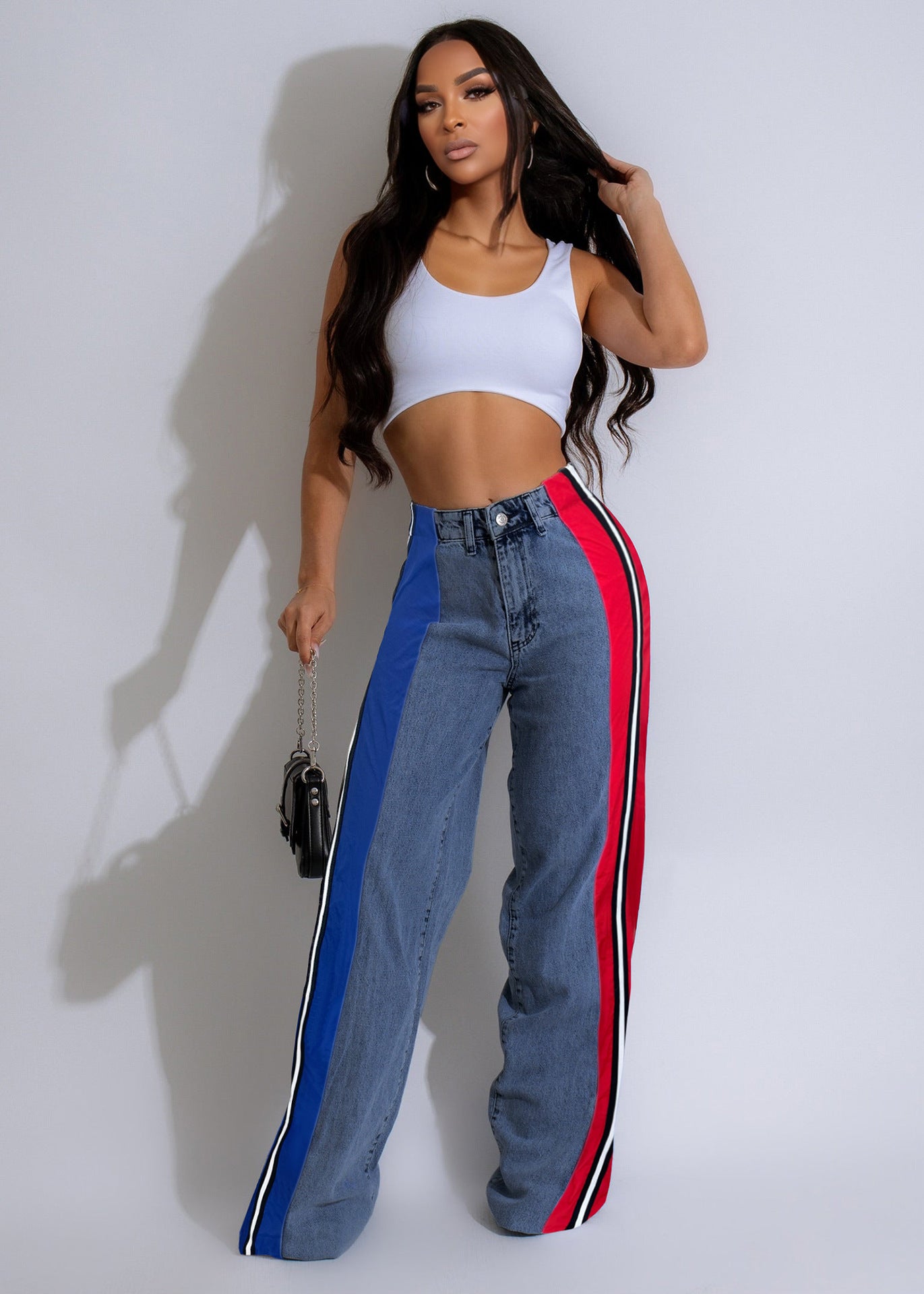 Stylish Patchwork Striped Contrasting Denim Jeans