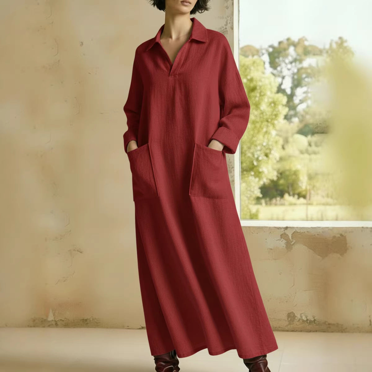 Vestido de manga larga informal con cuello alto, holgado y con bolsillos