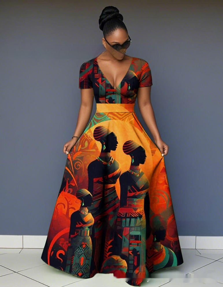 Womens 3D Digital Print V-Neck Short-SleeveLong-Sleeve Plus-Size Dress