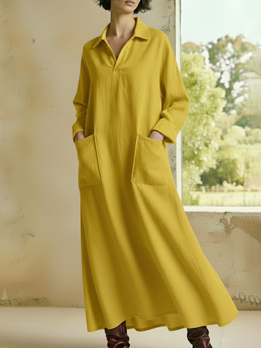 Vestido de manga larga informal con cuello alto, holgado y con bolsillos