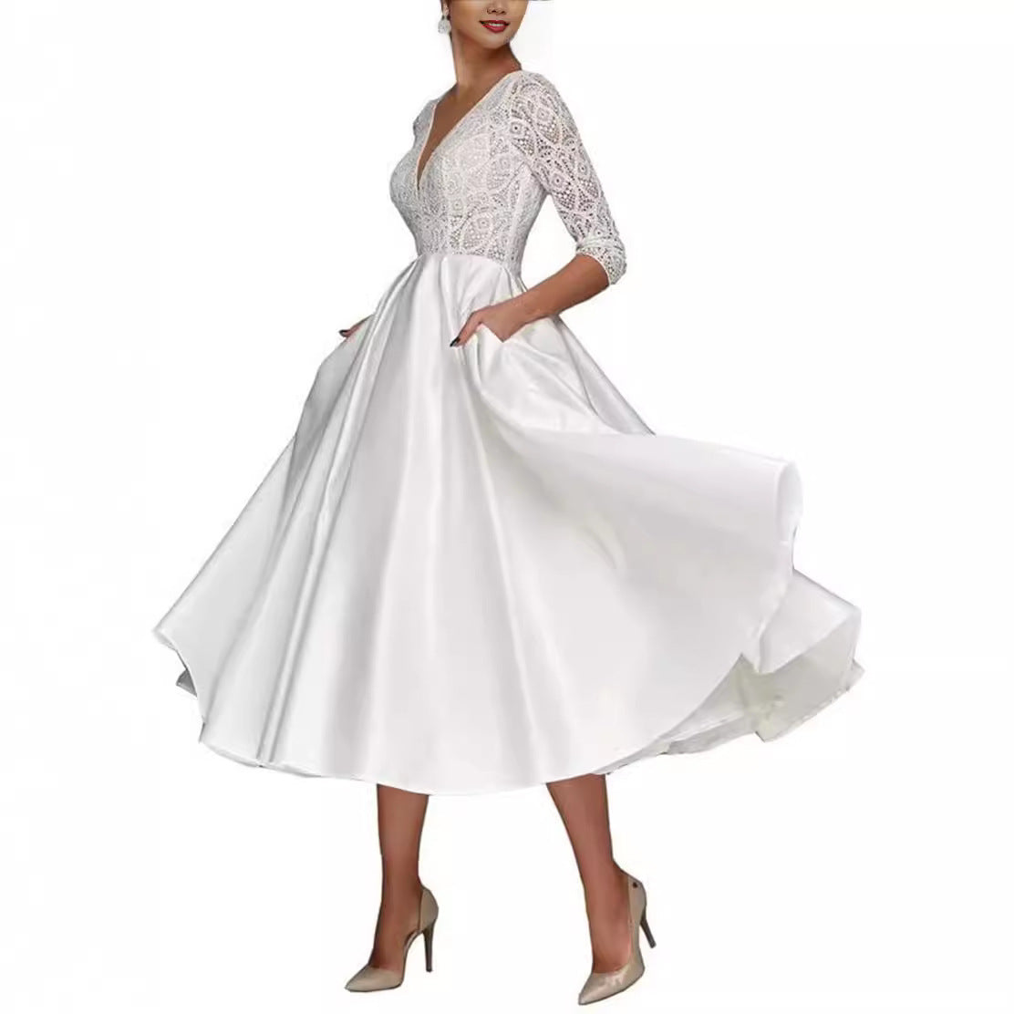 Vestido de novia de encaje de manga larga, escote de pico profundo, entallado, de largo medio