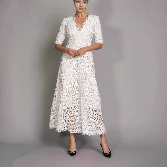 New Temperament Commuter White Lace Long Dress Elegant V-neck Design Floral Dress Evening Dress